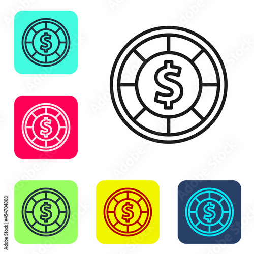 Black line Casino chips icon isolated on white background. Casino gambling. Set icons in color square buttons. Vector