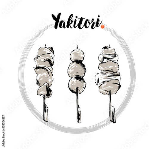 Hand-drawn vector illustration of Japanese grill skewered chicken, Yakitori. Ink painting style on white background. included meatball, grilled chicken with onion, grilled liver.