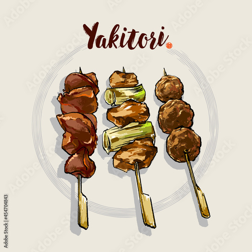 Hand-drawn vector illustration of Japanese grill skewered chicken, Yakitori. color painting style. included meatball, grilled chicken with onion, grilled liver.