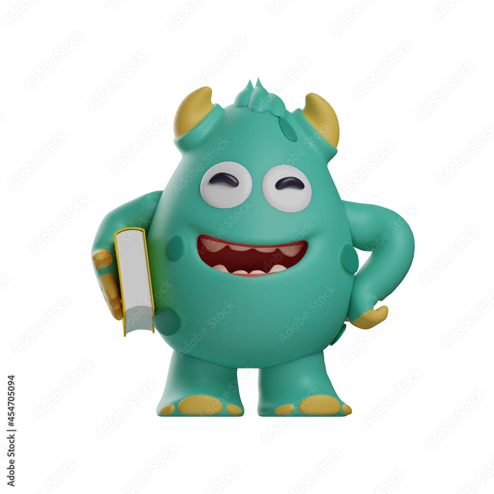 3D Cute Monster Cartoon Design holding a book 3D Cute Monster Cartoon Design holding a book