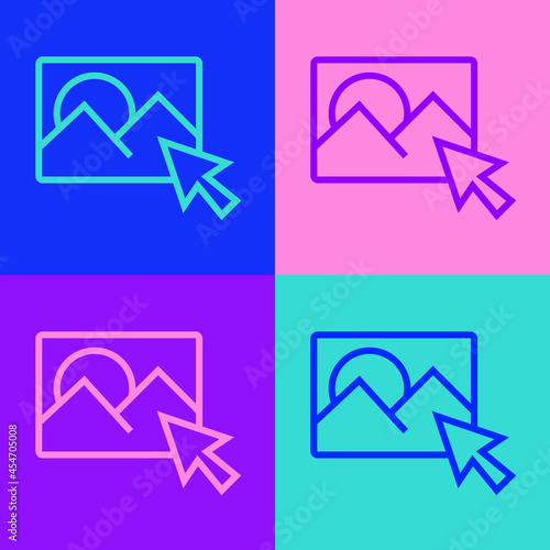 Pop art line Photo retouching icon isolated on color background. Photographer, photography, retouch icon. Vector