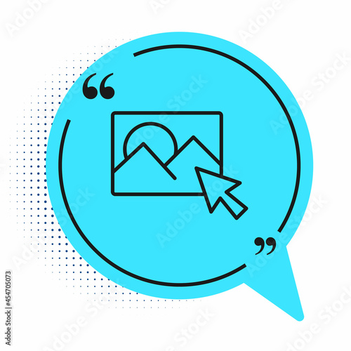 Black line Photo retouching icon isolated on white background. Photographer, photography, retouch icon. Blue speech bubble symbol. Vector