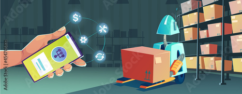 Smart technologies in warehouse with smartphone app for control robot. Vector cartoon illustration of robotic storehouse with cardboard boxes, automated loader machine and hand with mobile phone