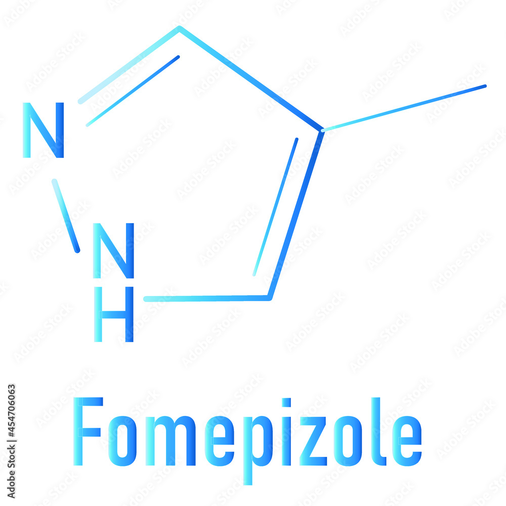 Fomepizole molecule. Antidote used to treat methanol and ethylene glycol poisoning. Skeletal formula. Fomepizole molecule. Antidote used to treat methanol and ethylene glycol poisoning. Skeletal formula.