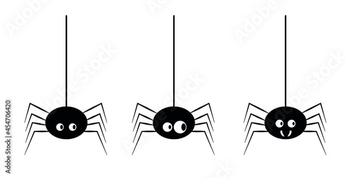 Black spiders with white eyes and fangs. Can be used to decorate Halloween. Funny spiders. Vector illustration.