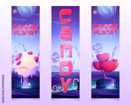 Candy planet vertical banners with unusual trees from cream and caramel in heart shape, candy canes and lollipop. Vector bookmarks with cartoon illustration of fantasy sweet world
