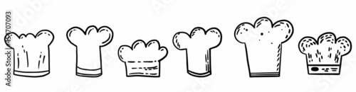 Set of vector cooking toque hand drawn in vector sketch doodle style. Cook profession catering uniform head dress. 