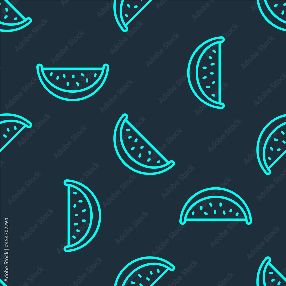 Green line Watermelon icon isolated seamless pattern on blue background. Vector