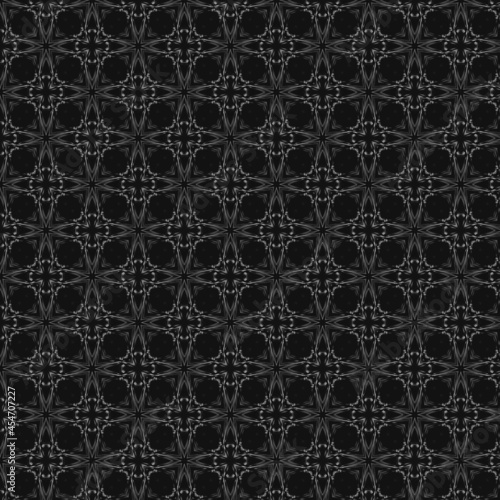 Abstract black background seamless pattern with diamonds flowers
