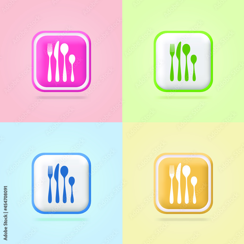 Cutlery set. Kitchen appliances. Fork, knife, spoon. 3d logo sign. Volumetric sign. Web banner. Vector illustration on an isolated background. Color set Cutlery set. Kitchen appliances. Fork, knife, spoon. 3d logo sign. Volumetric sign. Web banner. Vector illustration on an isolated background. Color set