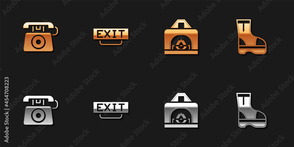 Set Telephone call 911, Fire exit, Interior fireplace and boots icon. Vector Set Telephone call 911, Fire exit, Interior fireplace and boots icon. Vector