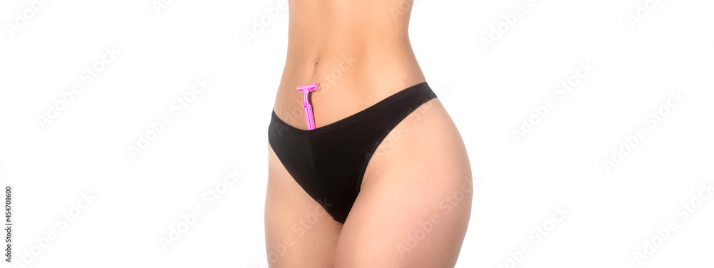 Epilation concepts. Slim woman with perfect body in panties holds razor. Shaving machine in panties. Girl health and intimate hygiene. Beautiful woman's body with smooth soft skin in bikini panties Epilation concepts. Slim woman with perfect body in panties holds razor. Shaving machine in panties. Girl health and intimate hygiene. Beautiful woman's body with smooth soft skin in bikini panties