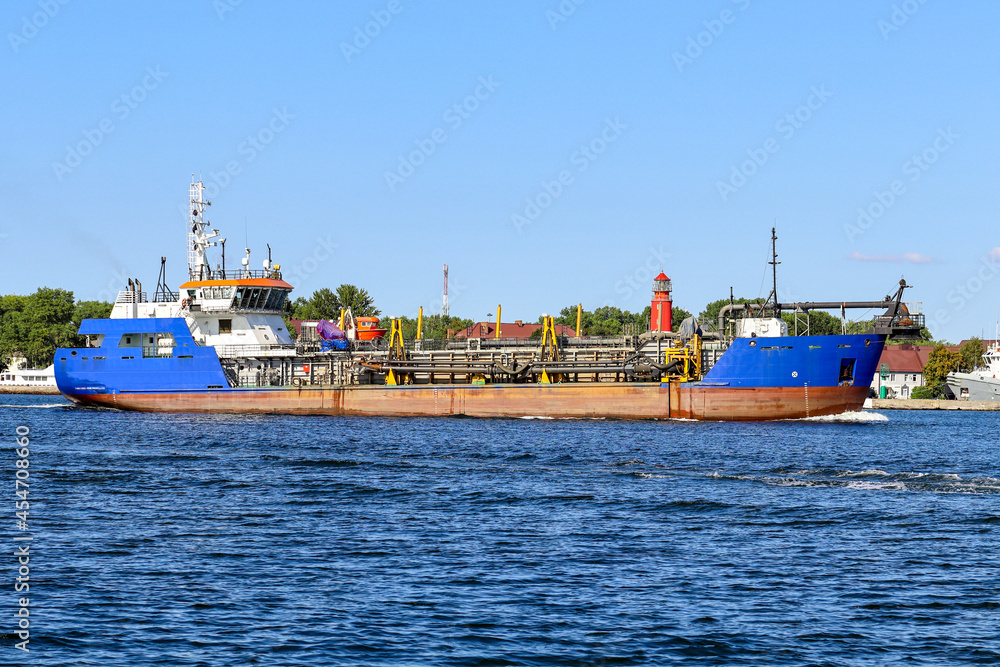 Large vessel for dredging the seabed. Baltic Sea, Baltiysk