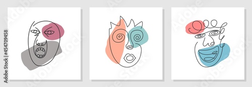 Trendy abstract faces. Different emotions and facial expressions. Contemporary minimal lineart design. Vector illustrations.