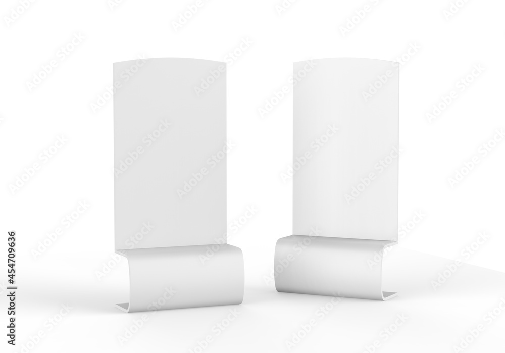 Curved advertising banner stand mockup on isolated white background, 3d illustration Curved advertising banner stand mockup on isolated white background, 3d illustration