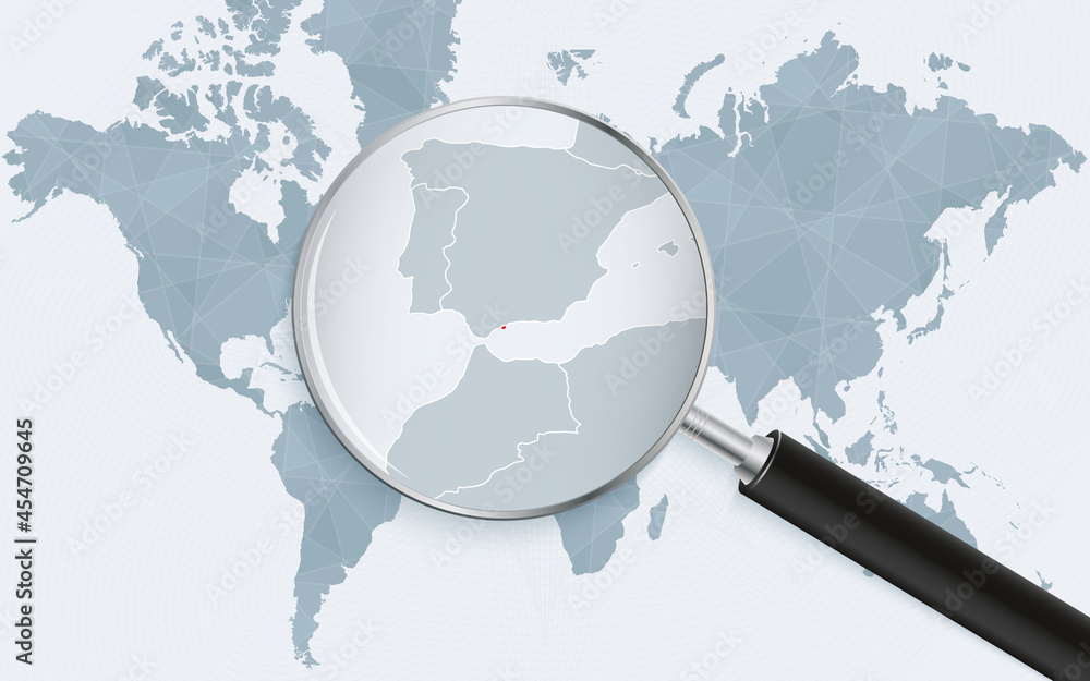 World map with a magnifying glass pointing at Gibraltar. Map of Gibraltar with the flag in the loop. World map with a magnifying glass pointing at Gibraltar. Map of Gibraltar with the flag in the loop.
