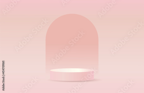 3D minimal product showcase mockup pink vector background. Round podium stand platform for your objects with pale pink arch background. Commercial promotion decoration design scene for your projects.