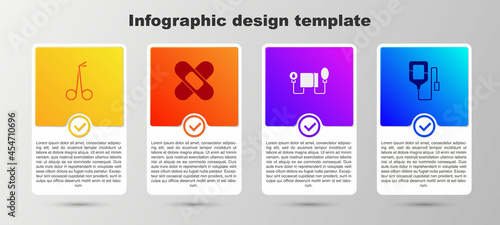 Set Medical scissors, Crossed bandage plaster, Blood pressure and IV bag. Business infographic template. Vector
