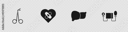 Set Medical scissors, Healed broken heart, Human organ liver and Blood pressure icon. Vector