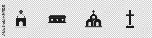 Set Old crypt, Coffin with cross, Church building and Grave icon. Vector