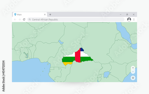 Browser window with map of Central African Republic, searching  Central African Republic in internet.