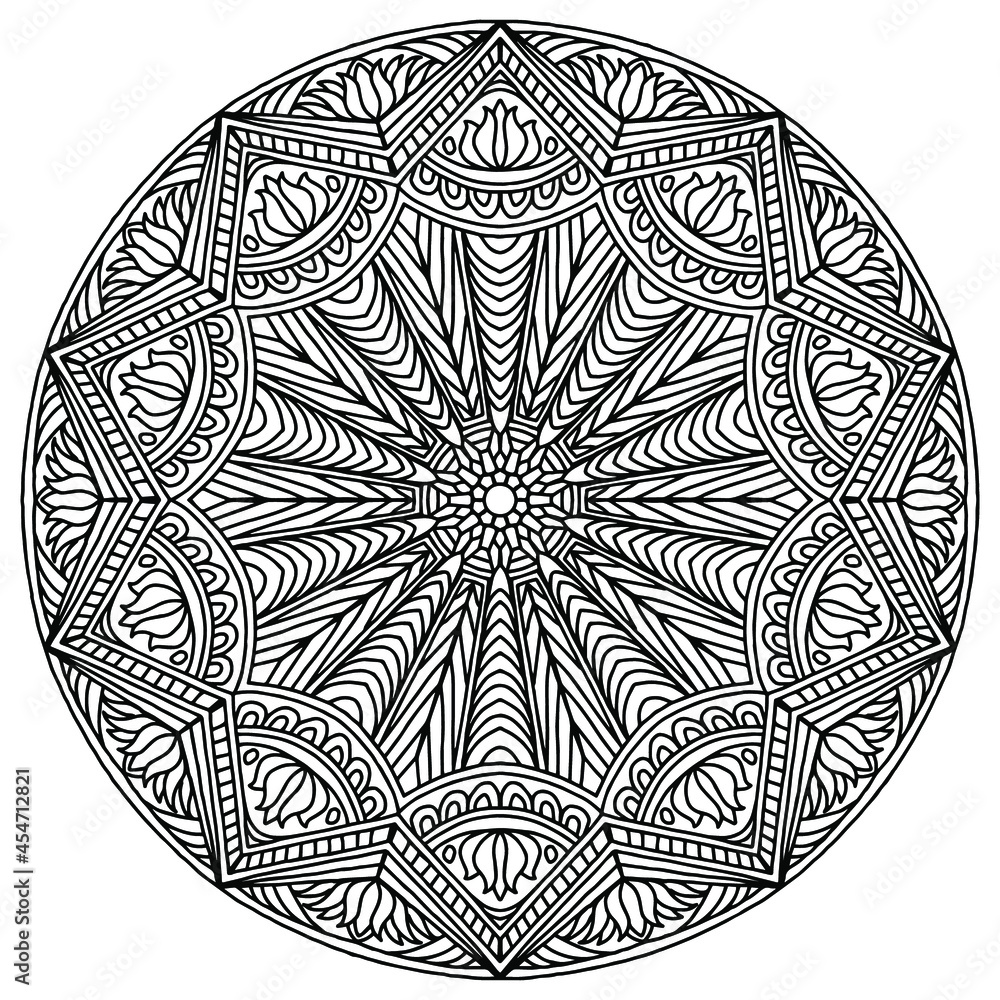 abstract mandala with ornaments and flowers in folk style drawn on a white background for coloring, vector