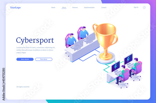 Cyber sport isometric landing page, pc gamer competition, professional gaming tournament, participant teams compete sitting at computer monitors front of huge golden trophy, 3d vector web banner