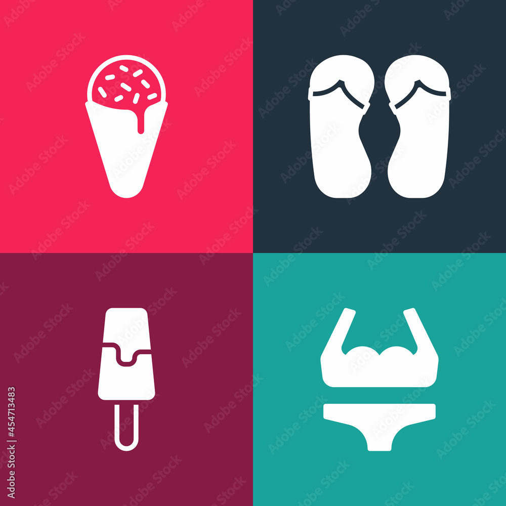 Set pop art Swimsuit, Ice cream, Flip flops and in waffle cone icon. Vector Set pop art Swimsuit, Ice cream, Flip flops and in waffle cone icon. Vector