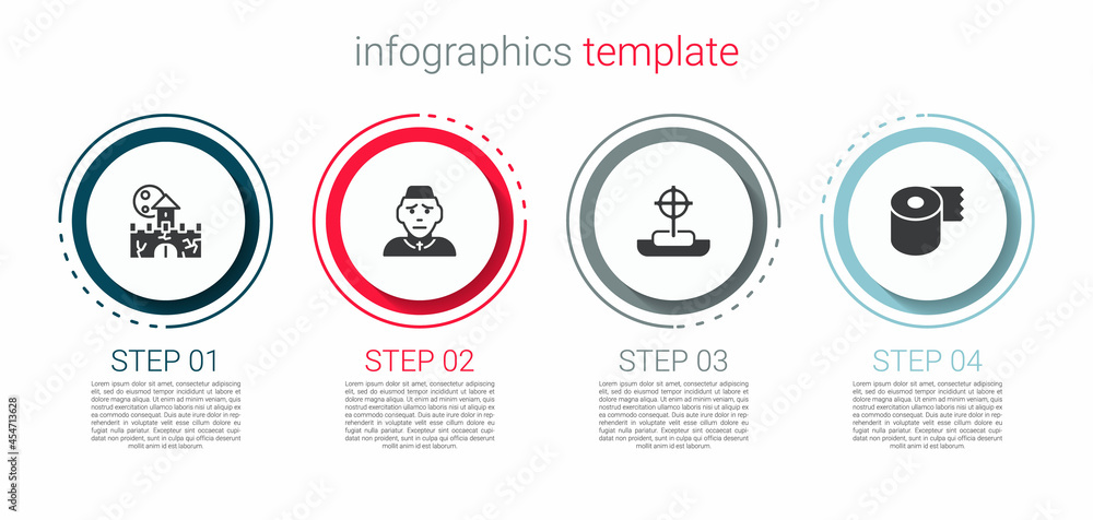 Set Castle, fortress, Priest, Tombstone with cross and Toilet paper roll. Business infographic template. Vector Set Castle, fortress, Priest, Tombstone with cross and Toilet paper roll. Business infographic template. Vector