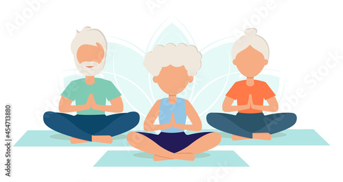 Elderly people do yoga, practice meditation. Yoga class. Older women and men exercise to maintain an active healthy lifestyle. Yoga practice. Vector illustration in flat style for fitness concept.