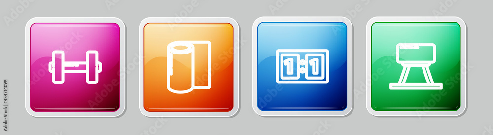 Set line Dumbbell, Fitness mat roll, Sport mechanical scoreboard and Pommel horse. Colorful square button. Vector Set line Dumbbell, Fitness mat roll, Sport mechanical scoreboard and Pommel horse. Colorful square button. Vector
