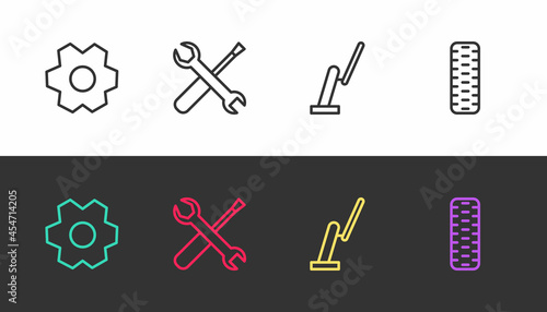 Set line Gear, Screwdriver and wrench spanner, Windscreen wiper and Car tire wheel on black and white. Vector