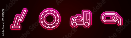 Set line Windscreen wiper, Car tire wheel, transporter truck and rearview mirror. Glowing neon icon. Vector