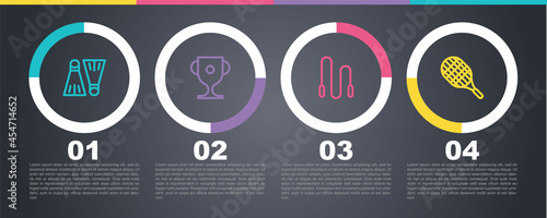 Set line Rubber flippers for swimming, Award cup, Jump rope and Tennis racket. Business infographic template. Vector