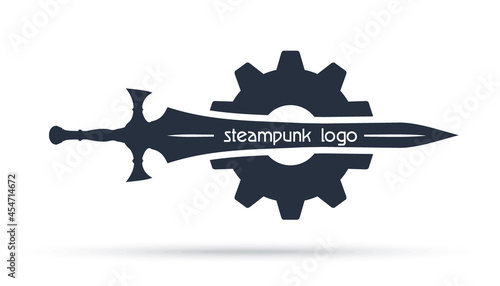 Sword on the background of the gear. Great two-handed sword and cogwheel. Steampunk logo. Vector illustration photo