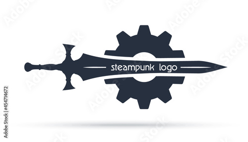 Sword on the background of the gear. Great two-handed sword and cogwheel. Steampunk logo. Vector illustration