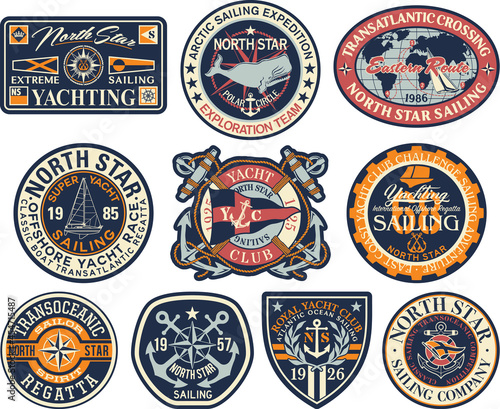 Sailing and yachting badges patches and symbols vector collection for nautical  print or embroidery photo