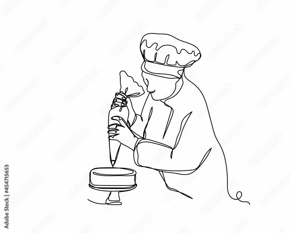 Continuous one line drawing confectioner decorating cake icon in silhouette on a white background. Linear stylized.