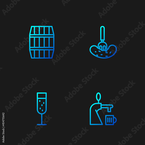 Set line Beer tap with glass, Glass of champagne, Wooden barrel and Pickled cucumber on fork. Gradient color icons. Vector