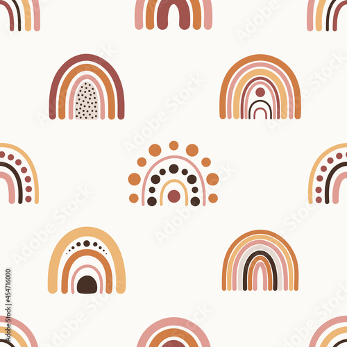 Seamless pattern with boho rainbows in terracotta colors. Neutral nursery art design for decoration, bohemian printing for fabric, wall art. Hand drawn vector illustration.