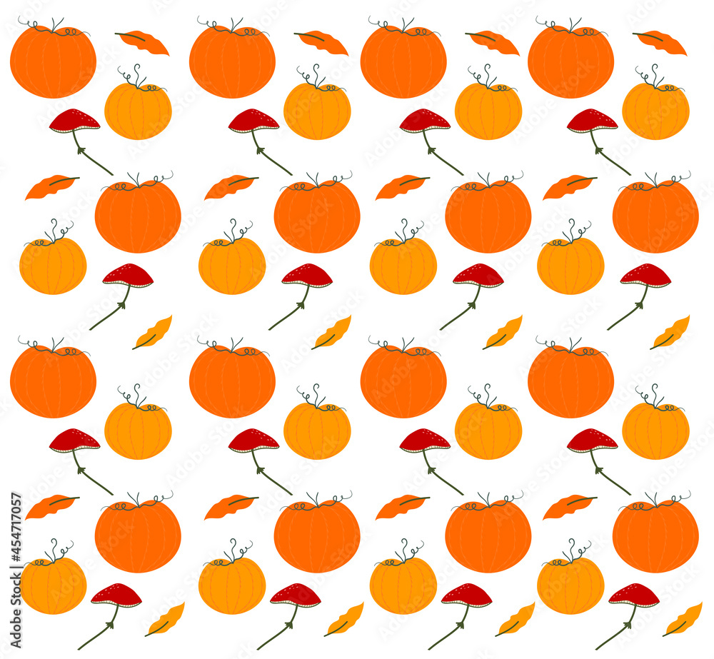 Motif, illustration vectorielle sur le thème de l'automne, de Thanksgiving et d'halloween. Citrouilles, champignons et feuilles aux couleurs chaudes. Motif, illustration vectorielle sur le thème de l'automne, de Thanksgiving et d'halloween. Citrouilles, champignons et feuilles aux couleurs chaudes.