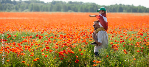 Dad holding his little son covered with flag of Latvia on his shoulders in the poppy field. Declaration of Independence Day. Ligo. Proclamation of the Republic. Travel, learn latvian language concept. photo