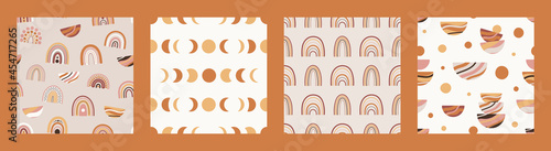 Set of seamless patterns with boho rainbows in terracotta colors. Neutral nursery art design for decoration, bohemian printing for fabric, wall art. Hand drawn vector illustration.