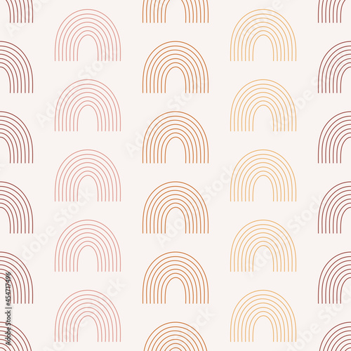 Seamless pattern with boho rainbows in terracotta colors. Neutral nursery art design for decoration, bohemian printing for fabric, wall art. Hand drawn vector illustration.