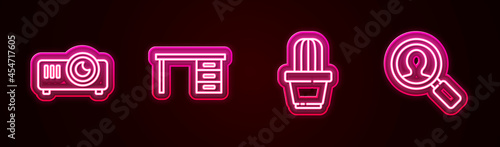 Set line Movie, film, media projector, Office desk, Cactus and succulent in pot and Magnifying glass for search people. Glowing neon icon. Vector