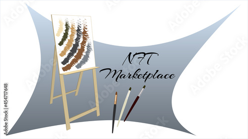 NFT marketplace auction non fungible tokens banner with easel and brushes isolated on white. New trend in collectibles sales. Pay for unique collectibles in games or art. Vector illustration.
