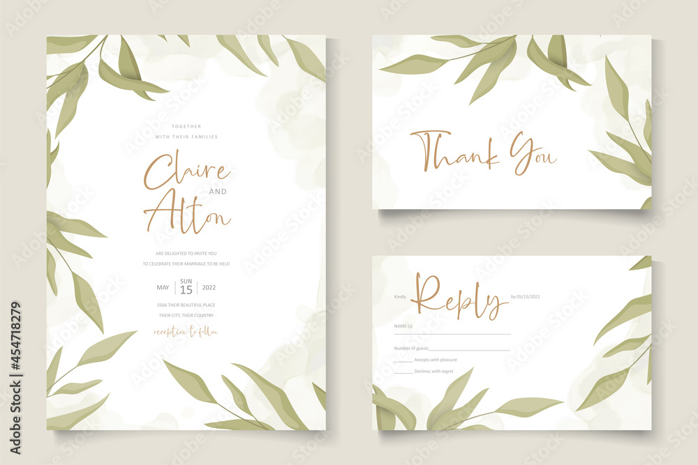 Wedding invitation card template with beautiful leaf ornament