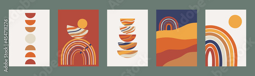 Set of minimalist geometric boho wall decor prints. Abstract posters for modern bohemian esthetic interior. Contemporary printable artwork. Sun, Moon, rainbow. Hand drawn vector illustration.