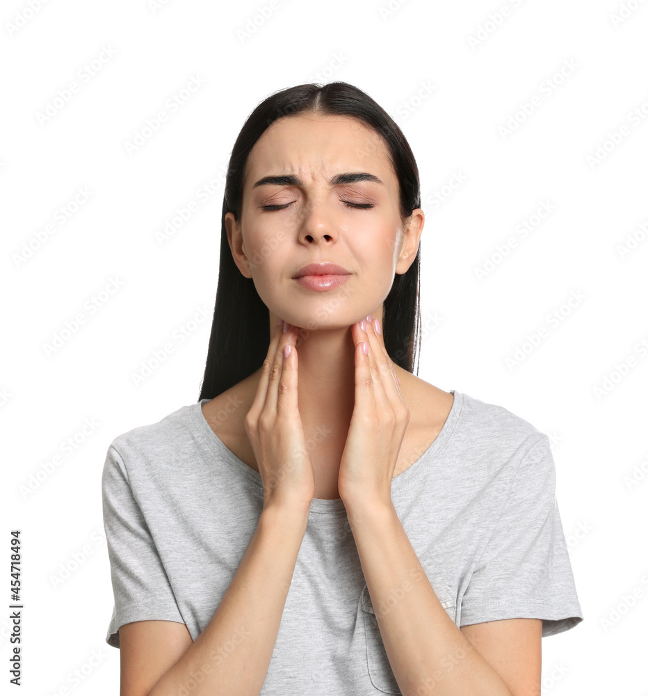 Young woman doing thyroid self examination on white background Young woman doing thyroid self examination on white background