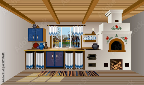 Russian village Interior with Russian stove. Traditional farmhouse kitchen with window vector illustration.